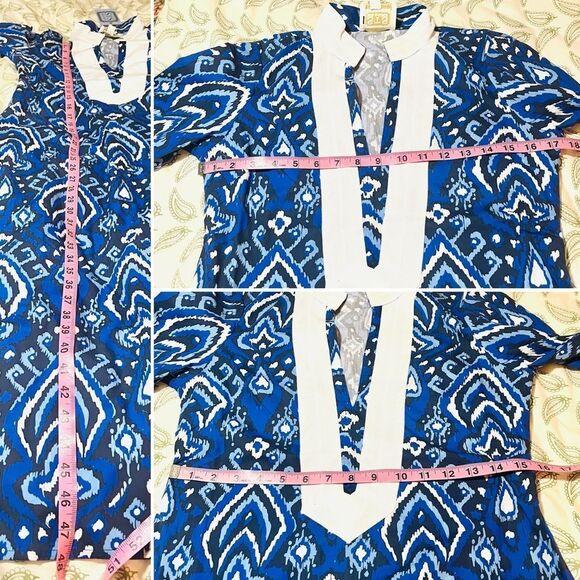 SAIL TO SABLE Bell Sleeve Caftan Midi Dress Cotton Ikat Navy Blue White XS NWT - Picture 9 of 9